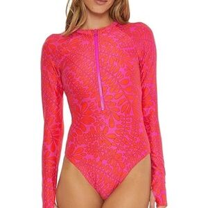 Pink and Orange Long Sleeve One Piece Swimsuit